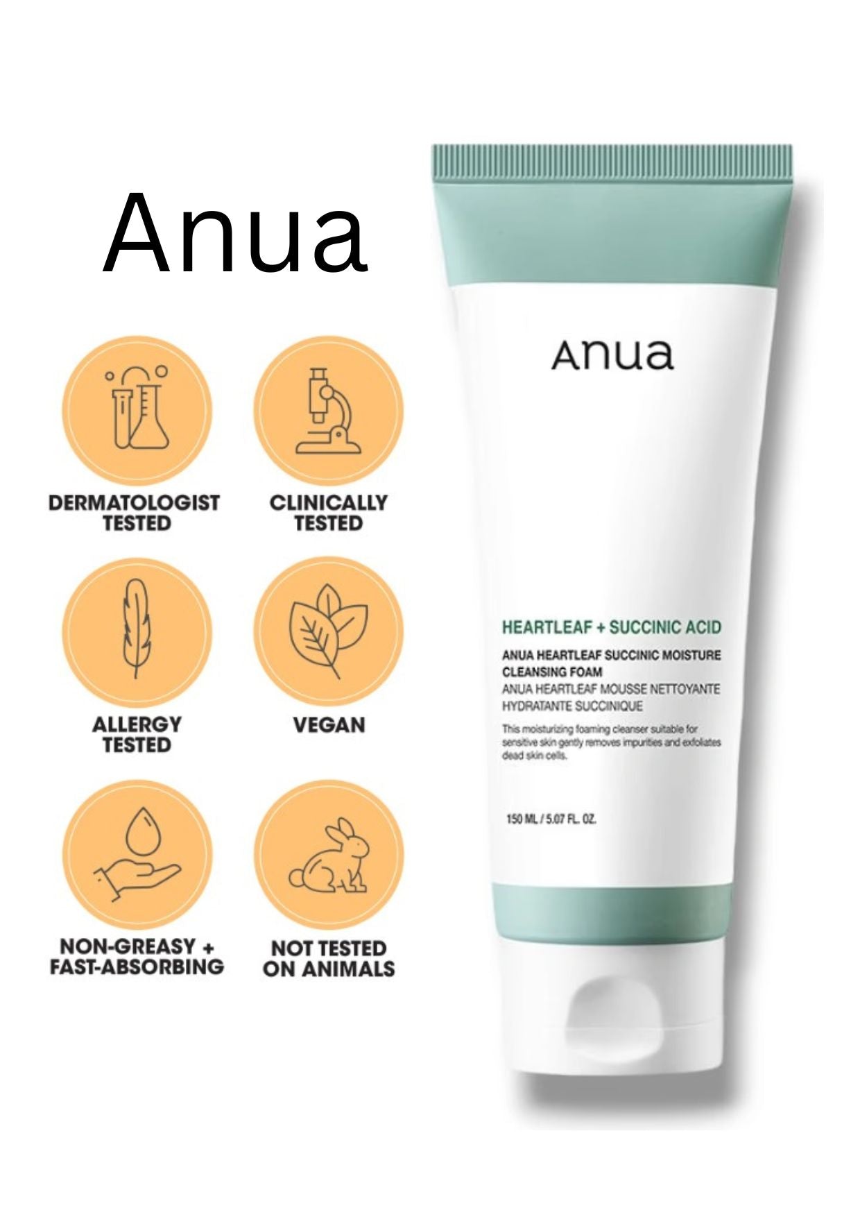 Anua – Heartleaf Succinic Moisture Cleansing Foam, 150ml